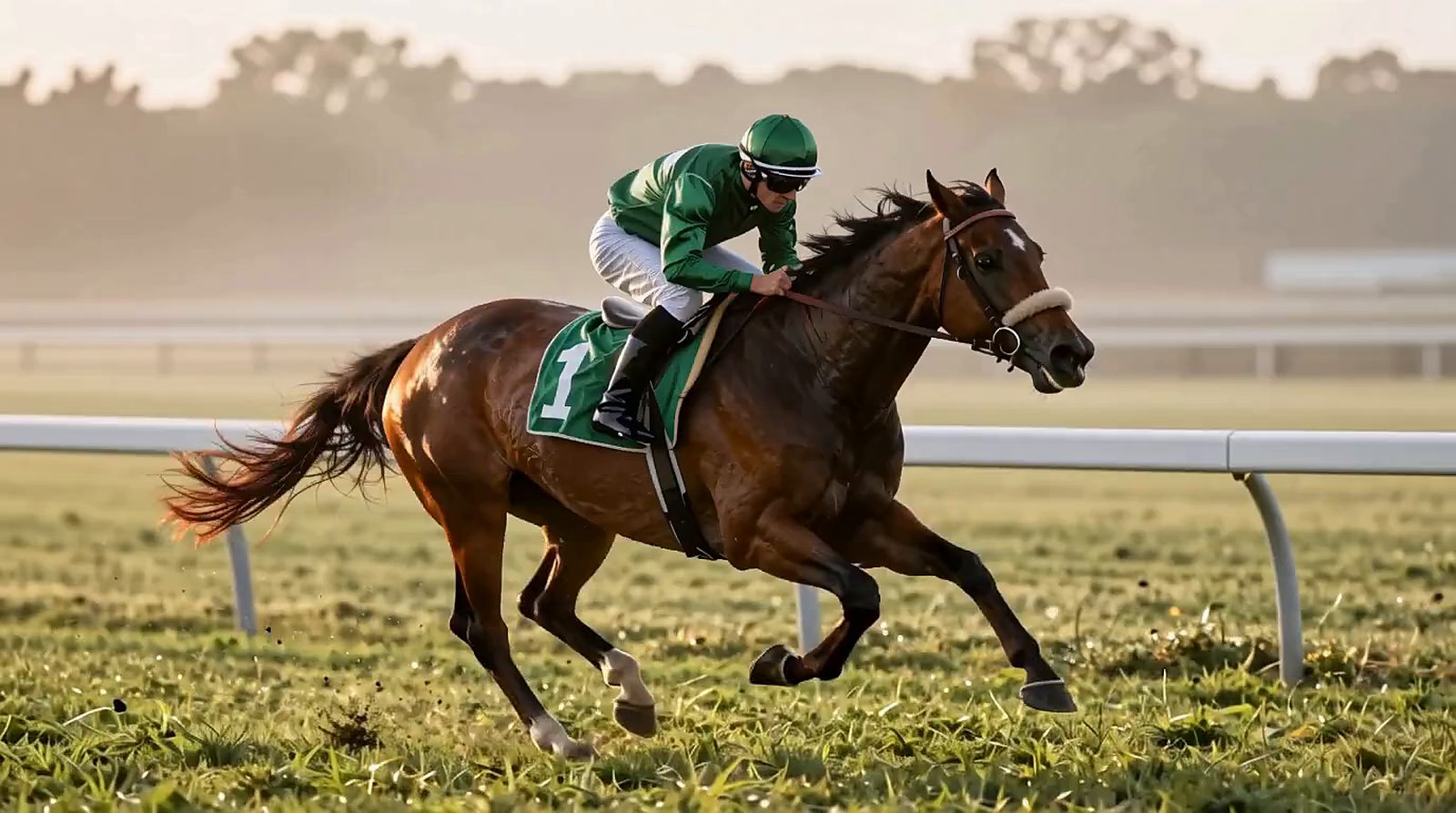 Illustration of a jockey in dark green silks crouched over a bay thoroughbred galloping along a white rail on a misty turf course at sunrise.