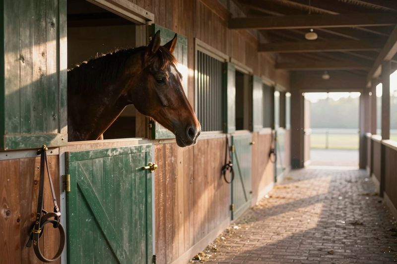 Illustration of a dark bay thoroughbred looking over a green stall door in a sunlit stable aisle.
